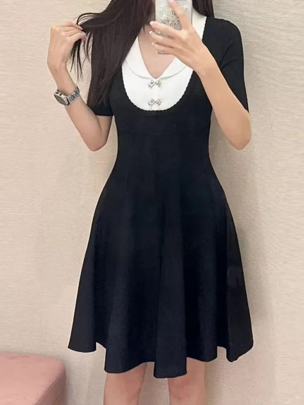 

Летнее трикотажное платье Quali Ele Bla с контрастными вставками, воротником-стойкой и эффектом похудения, модное повседневное женское платье-юбка