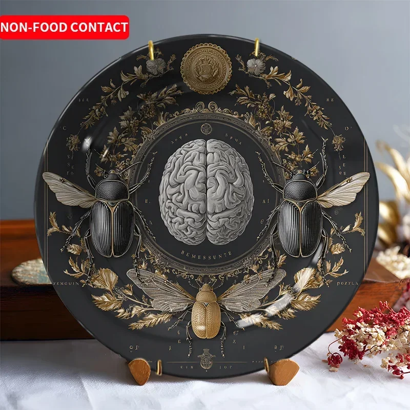 1pcCreative Ceramic Decorative Plate with Brain & Beetles Design, Home Desktop Art Ornament, Non-Food ContactPerfect gift for