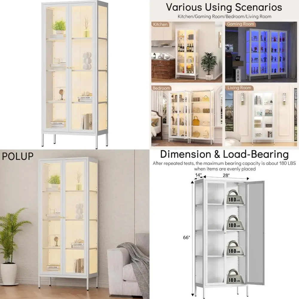 

66 Tall White Curio Cabinet with Tempered Glass and 3-Color LED Lighting