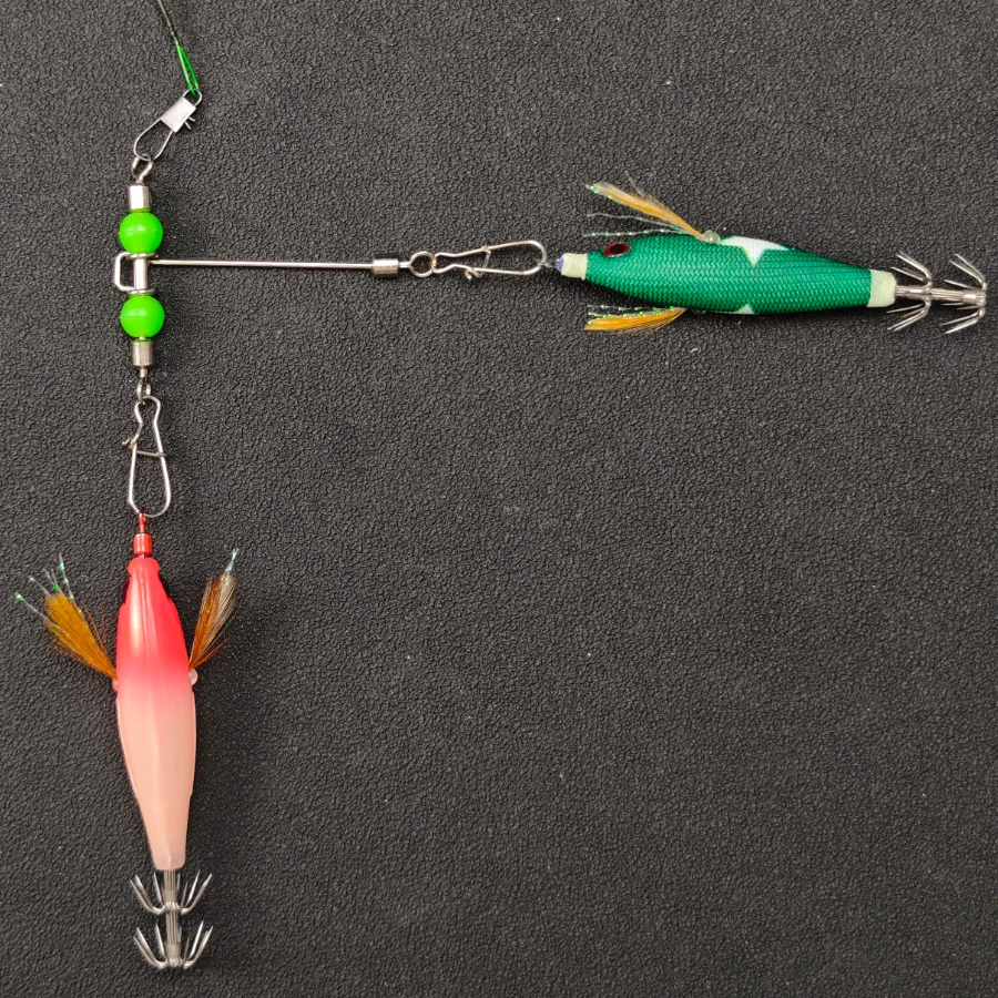 10 Stück 3-Wege T-förmiger Tintenfisch-Angelverbinder, leuchtender Perlen-Wirbel mit Sicherheitskarabiner, Zubehör für Tintenfischköder zum Meeresangeln – Detail 2
