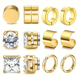 2pcs Unisex Fashion Stainless Steel Magnetic Cubic Zirconia Ear Clips Non-piercing Adjustable Clip-on Earrings for Men Women