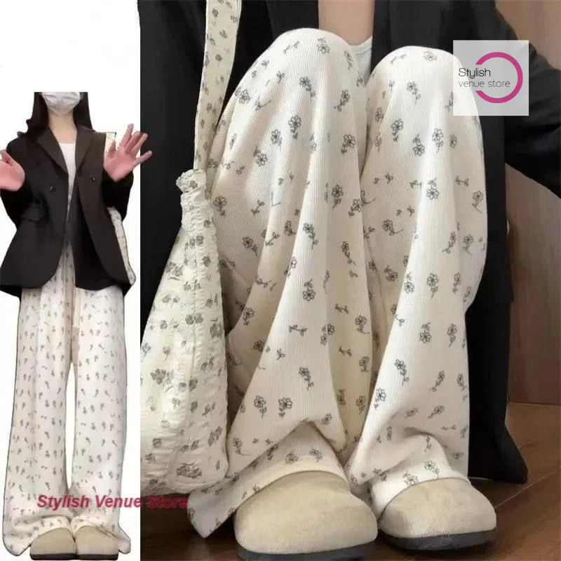 

Summer thin ice shredded flowers cute dog wide-leg pants female Korean fashion high waist loose little casual straight pants.