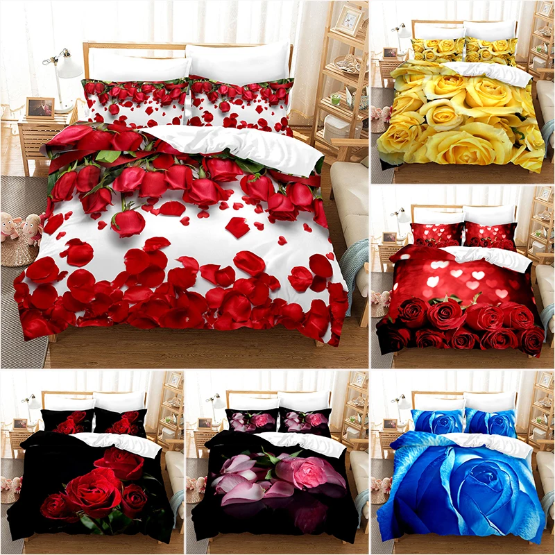 

3D Rose and Floral Duvet Cover with Pillow Cover Bedding Set Single Double Twin Full Queen King Size Bed Set for Bedroom Decor