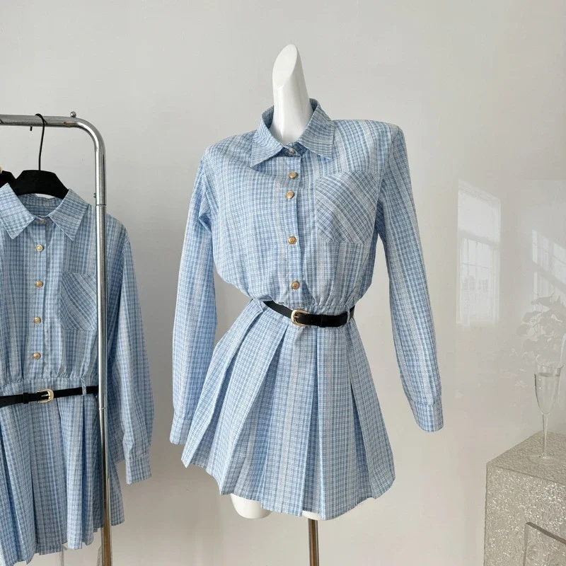 

Women Dress Lace Blue Lapel Striped Long Sleeve Loose Pleated Dresses Hot Girls Sexy Preppy Casual Mini Skirts Trendy Clothes