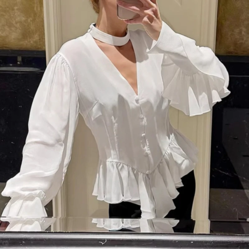 New Spring White Ruffled Blouse Women Fashion Long Sleeve Elegant Ribbon Patchwork Shirts Top Female Chic Casual Commuter Shirt
