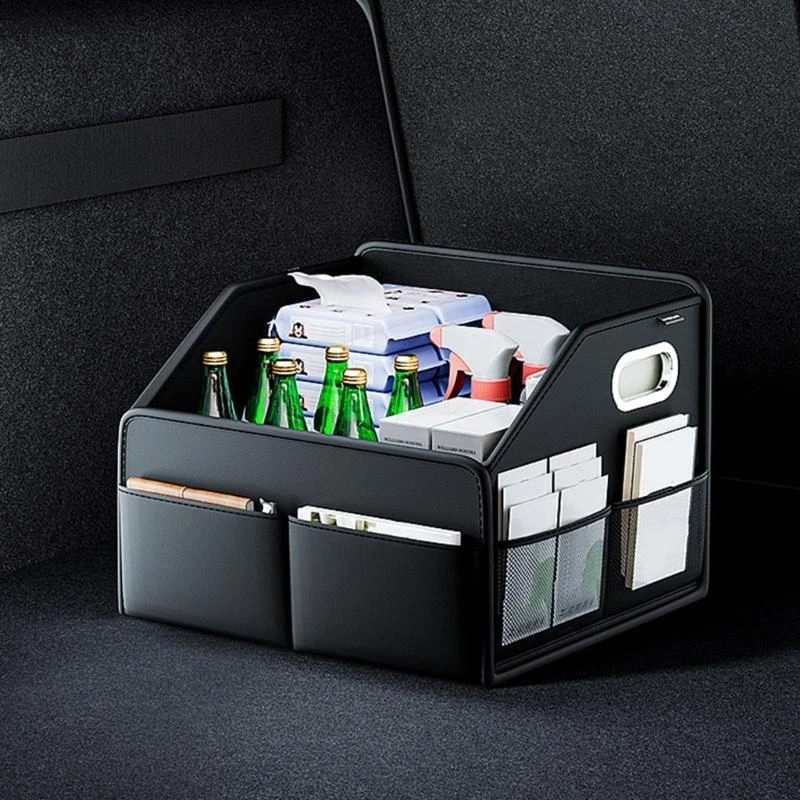 Automotive Storage Container PU Leather Multiple Compartments Removable Dividers Collapsible Car Box 15UB