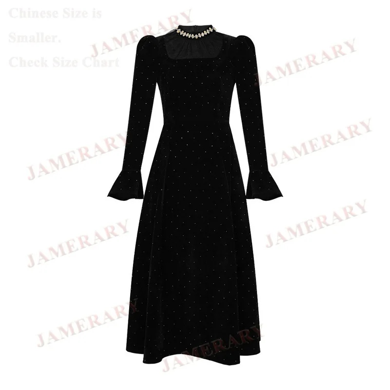 

Черное длинное бархатное платье в стиле Хепберн, женское кружевное зимнее платье миди с длинными рукавами и бисером, женское элегантное вечернее платье