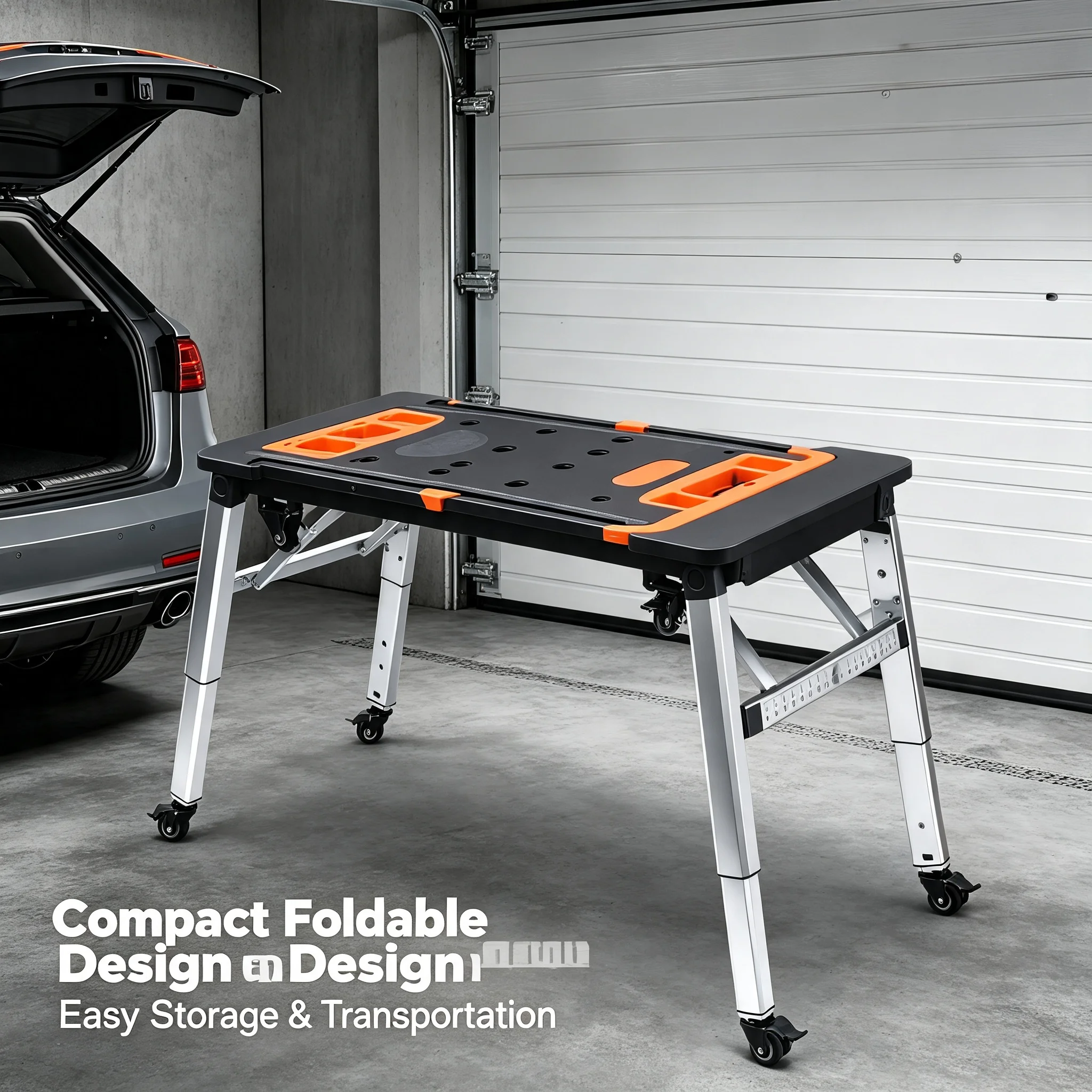 7-in-1 Multifunctional Work Platform with Wheels & Folding Design, Heavy Duty Workbench Handcart 551 lbs Capacity, Adjustable Height 20.5-30.7in for Workshop Garage DIY, Black