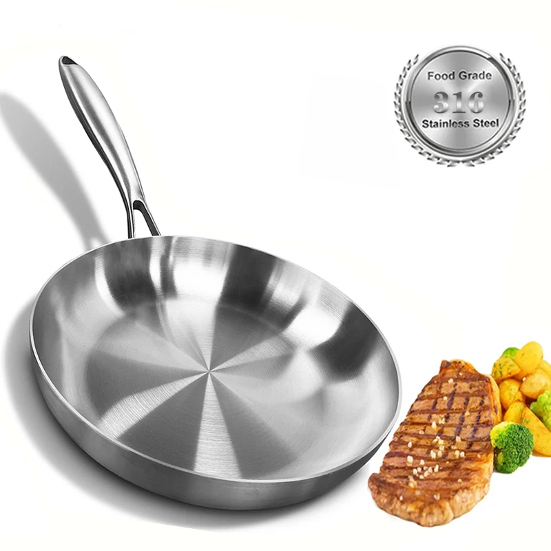 

316 Stainless Steel Frying Pan Non-Stick Pan Fried Steak Pot Uncoated Home Kitchen Cookware For Gas Stove and Induction Cooker
