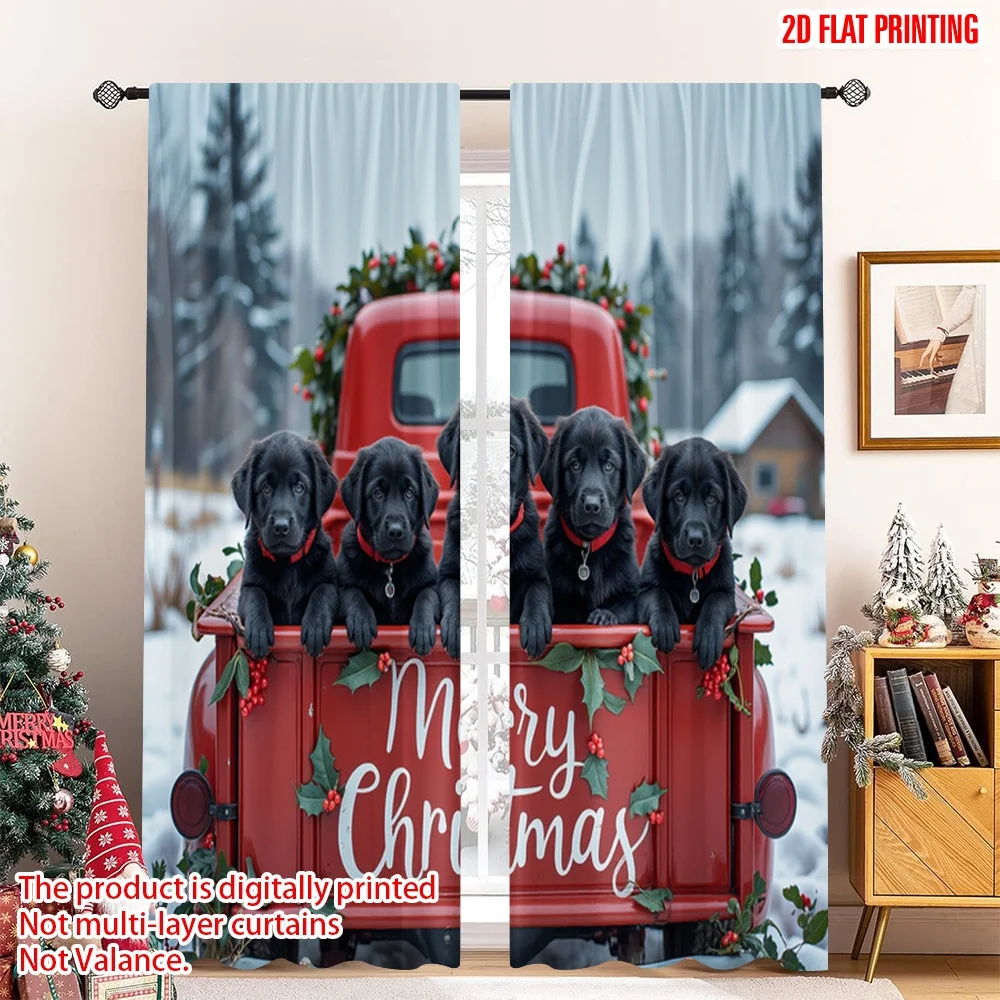

2pcs 2D flat printing Merry Christmas Popular Curtains Cute Puppies Merry Christmas Truck 100% Polyester Fabric Without