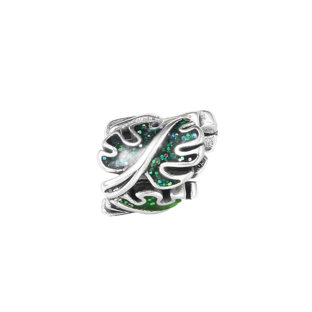 

Green Monstera Leaves Charm Enamel 925 Sterling Silver Accessories Mother Kids Beads For Jewelry Making
