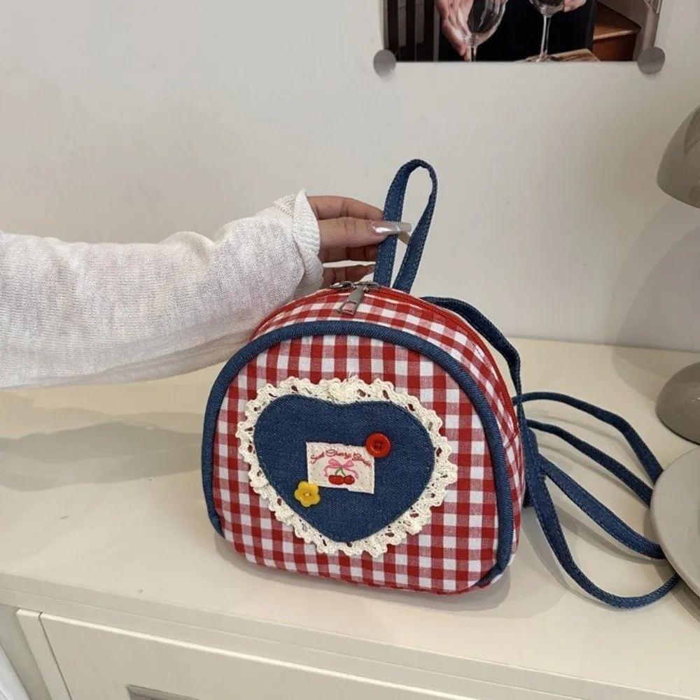 

Прекрасный тканевый решетчатый рюкзак, мини-джинсовая сумка на плечо в сельском стиле, клетчатый рюкзак с сердечком, женский рюкзак