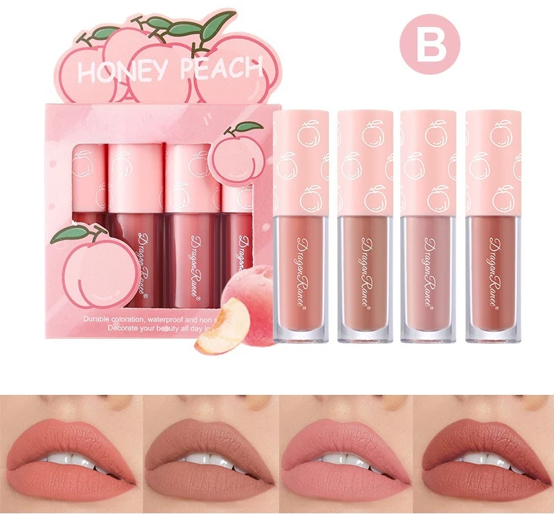 * 4 unids/set Mini juego de esmalte de labios mate, esmalte de labios de fruta antiadherente que no se decolora, barras de labios líquidas de larga duración, cosméticos de maquillaje impermeables