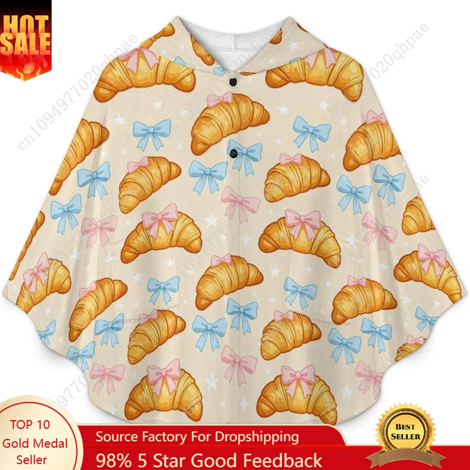 سترة بطانية مريحة من الفلانيل، قلنسوة كبيرة الحجم بنمط نجمة القوس الكرواسون مع جيوب للأطفال والمراهقين #1