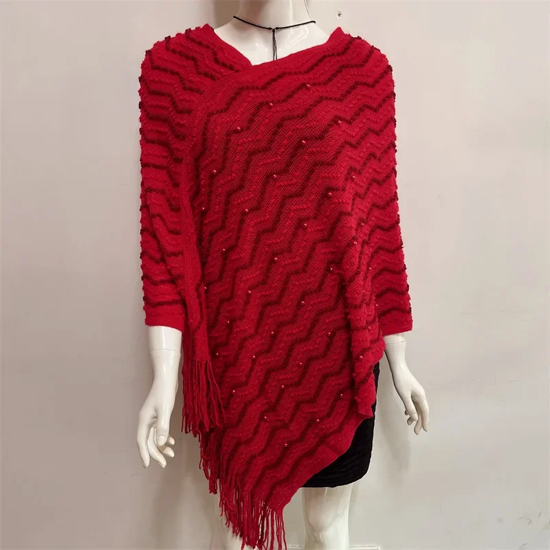 Spring Autumn New Style Shawl Cloak Women Pearl Color Matching Nail Bead Imitation Cashmere Warm Tassel Knitted Coat Red