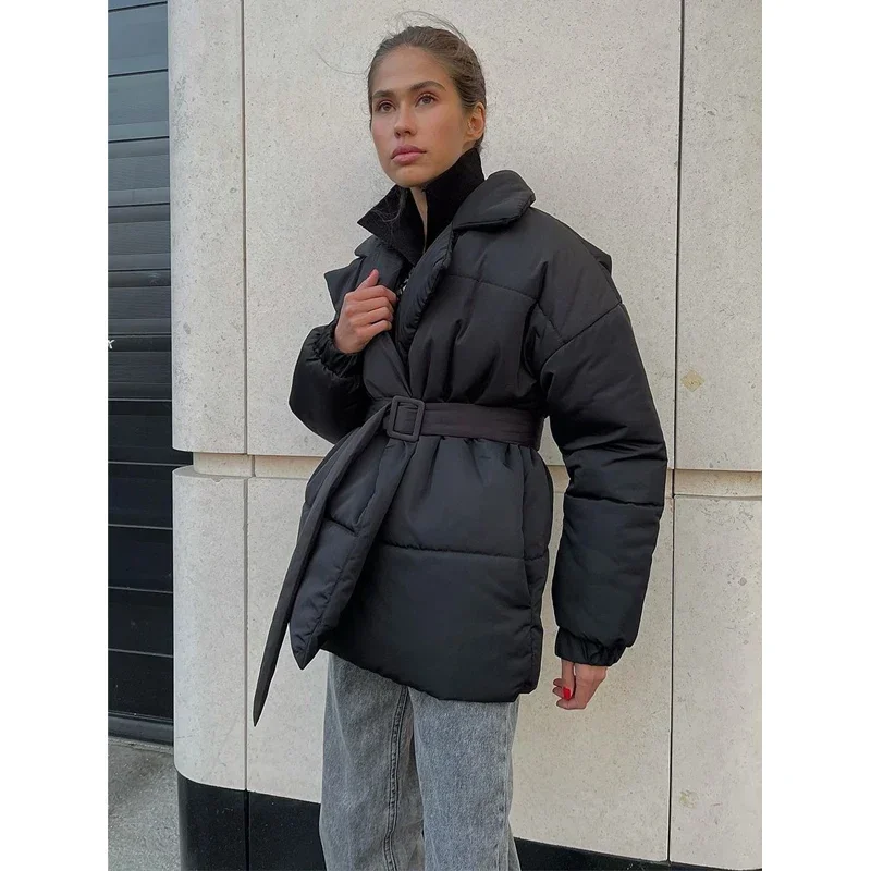 Autumn and Winter Women's Cotton Jacket Women's Fashion Casual Loose Collar Waistband Drawstring Pleated Solid Color Warm Jacket