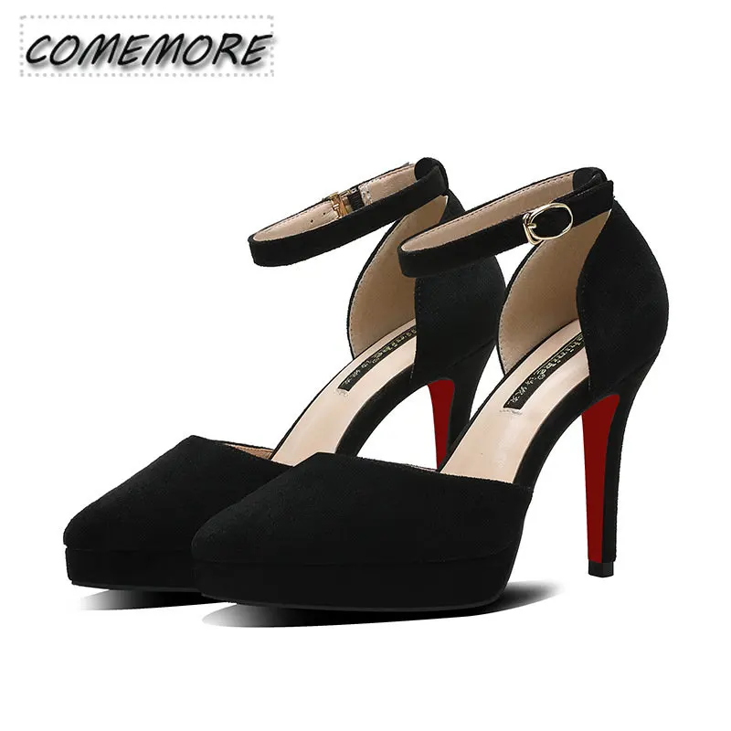 2024 Summer Ankle Straps Womens Shoes Sandals 10 Cm Sexy Pointed Toe Platform Pumps Leather Classic Ladies High Heels Size 34-39