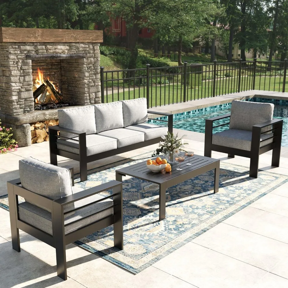 

4 Pieces Modern Aluminum Patio Furniture Set, Outdoor Conversation Sets Metal Sectional Sofa with Coffee Table, Customized
