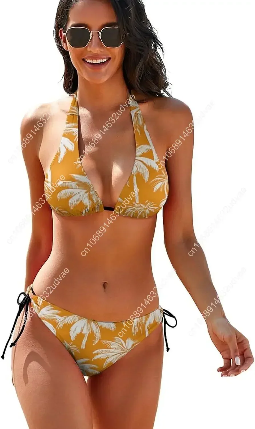 Women Two Piece Swimsuit Sexy Swimwear Halter String Triangle Bikini Sets,Orange Coconut Forest