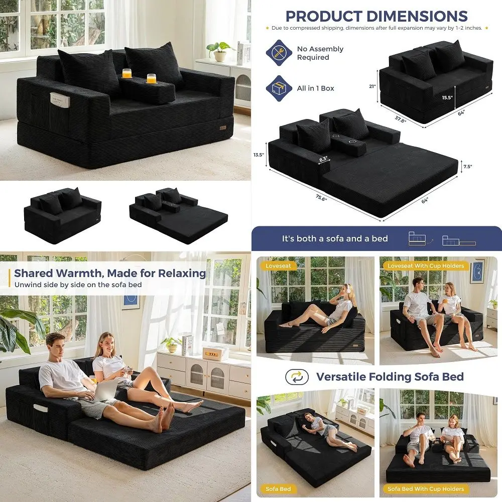 

Loveseat Sofa Bed, 64 Foldable Floor Sofa Couch in A Box with 2 Cup Holders, 4 in 1 Convertible Boneless Couch Folding Recliner