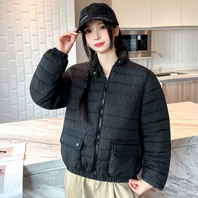 Herfst Winter Dames Lichtgewicht Donskatoen Korte Slanke Effen Kleur Eenvoudige Warme Geurige Parka's