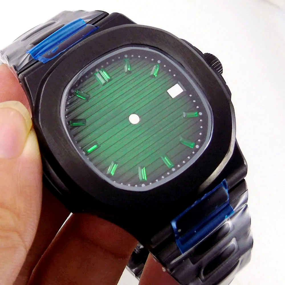 

40mm Square Black PVD Men Watch Case Black/Green/White/Blue Sterile Dial Fit NH34 NH35 NH36 ETA 2824 PT5000 Automitic Movement