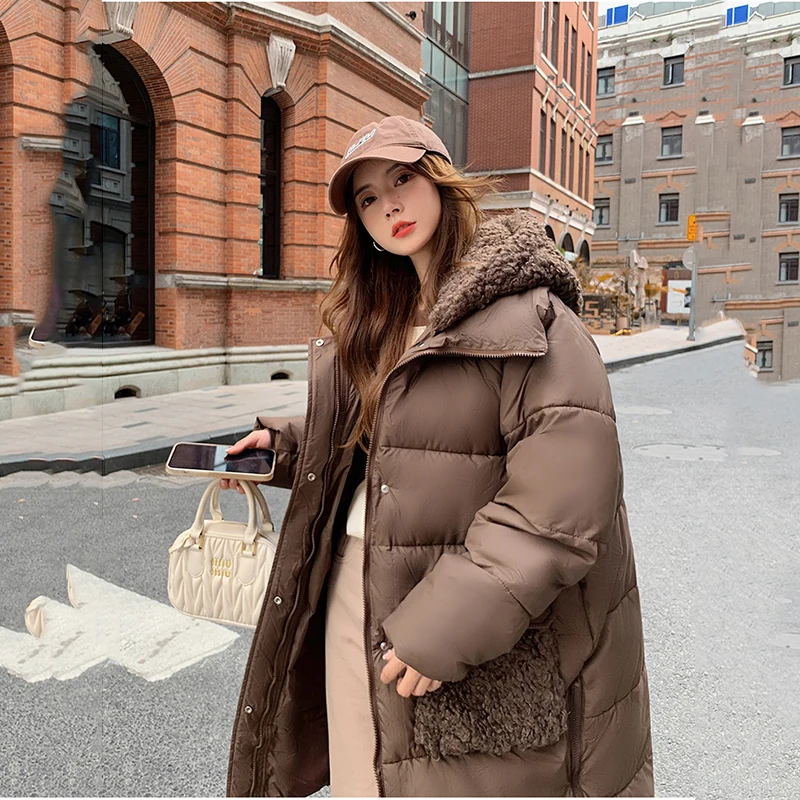 Women\'s Hooded Cotton Jacket Winter Thickened Warm Lamb Wool Splicing Mid-length Cotton-padded Outerwear Ladies Loose Snowsuit