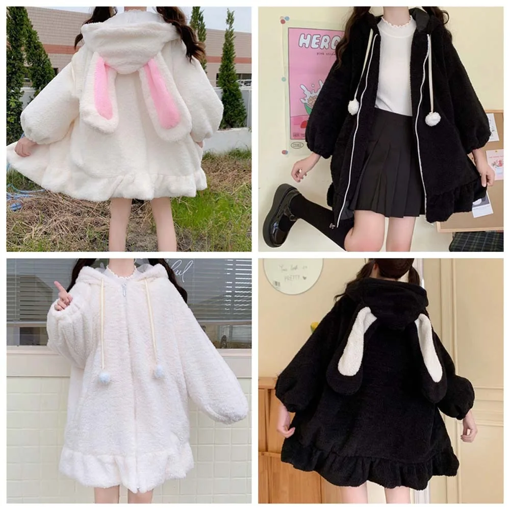 

Soft Plush Rabbit Ears Hoodies Warm Coat Kawaii Sweatshirts for Women Bunny Clothing Lolita Hooded Cardigan Women Lady