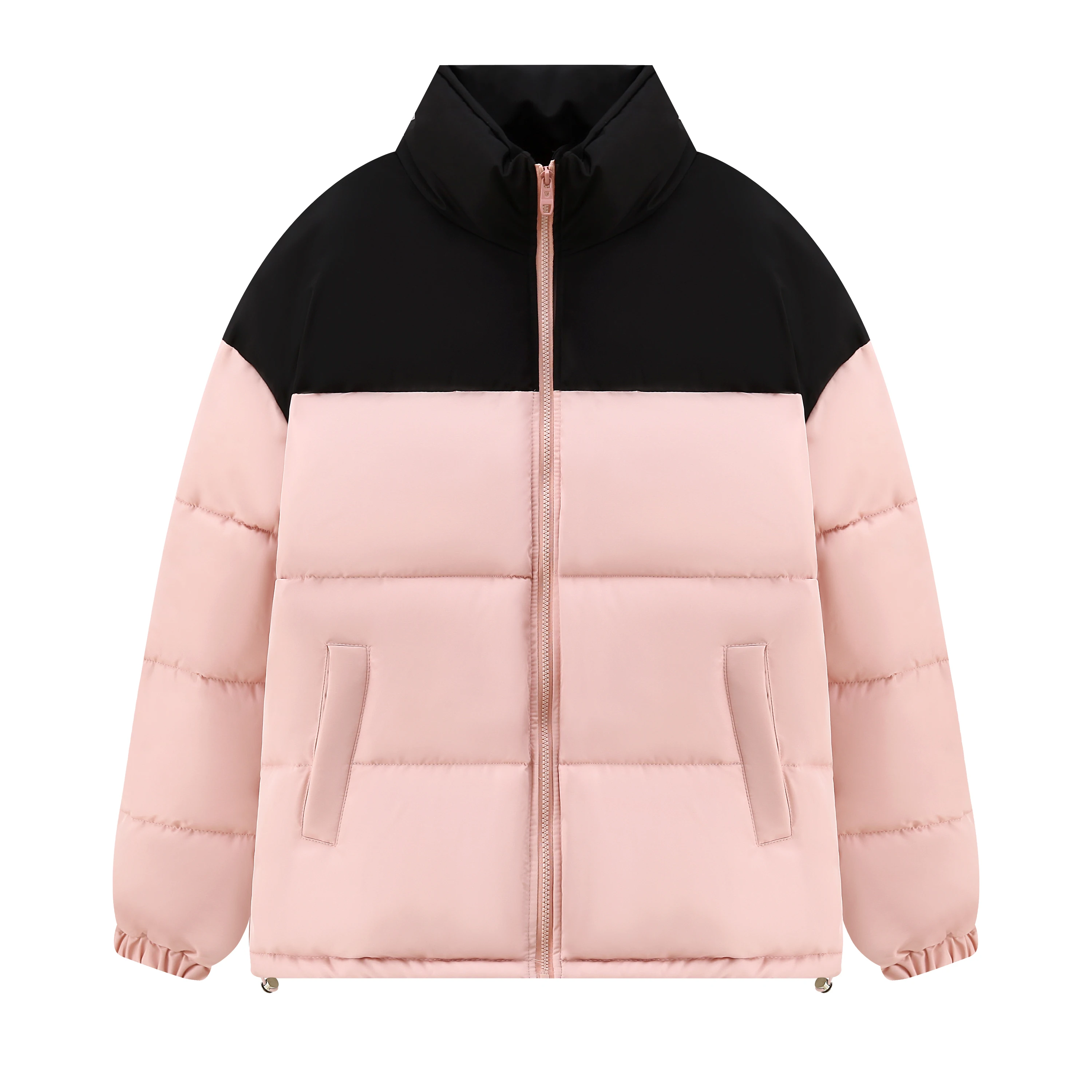 เสื้อโค้ทผ้าฝ้ายกันลมสำหรับฤดูหนาว ไซส์ใหญ่ ดีไซน์กระเป๋าซิปทันสมัย แจ็คเก็ตสั้นทรงหลวม สีสันตัดกันอย่างมีสไตล์