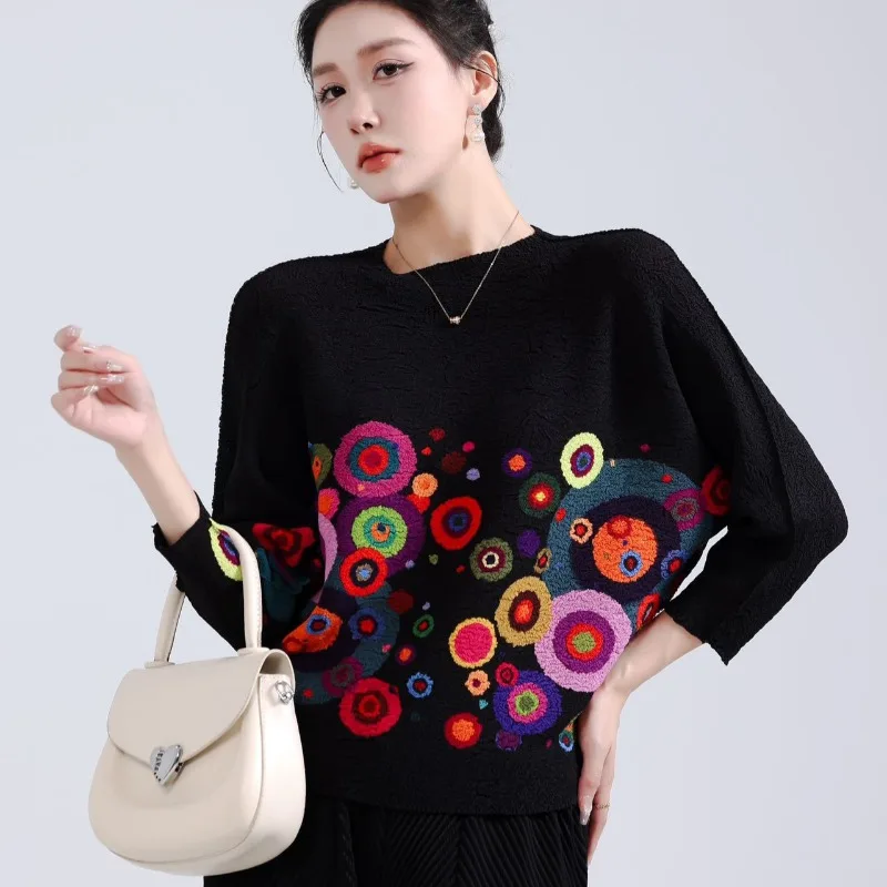 

Miyake Pleated T-shirt Circle Printed Long-sleeved Tops Women 2025 Fall Loose Hundred Rainbow Pleats Design Sense Casual T-shirt