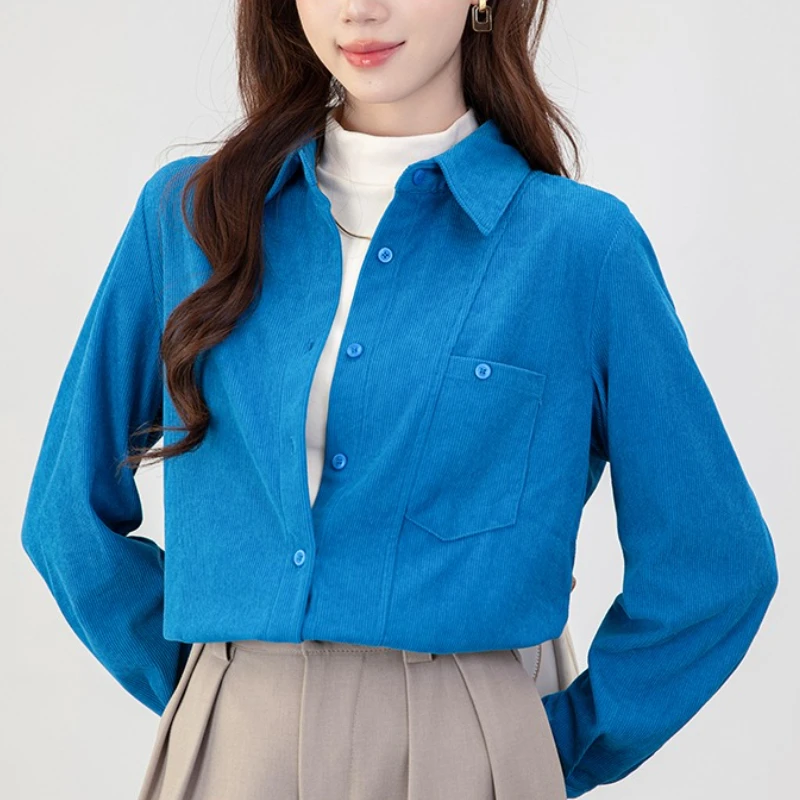 Autumn Winter Vintage Corduroy Women's Blue Blouses One Pocket Single Breasted Office Casual Loose Shirts Tops Female 2025 New
