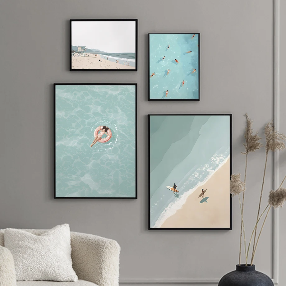 Beautiful View Watercolor Illustration Fashion Wall Art Canvas Painting Nordic Poster Decor Beach Swimming Go On Holiday