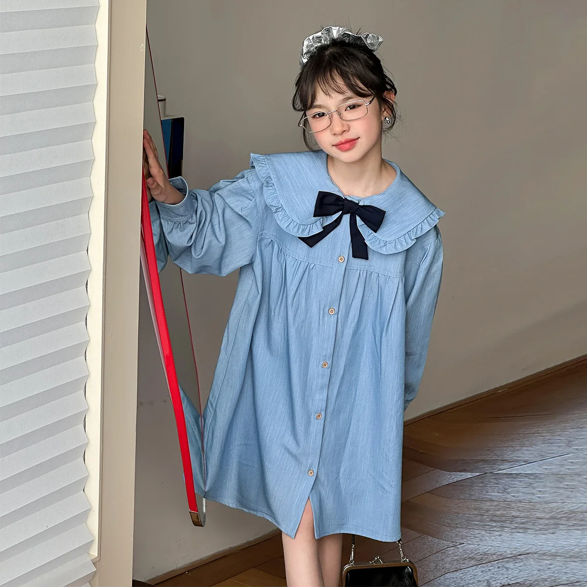 

Korean Autumn Kids Girls Dress Bowknot Peter Pan Collar Teenager Girls One-piece Dress Single-breasted Children Girls Dress
