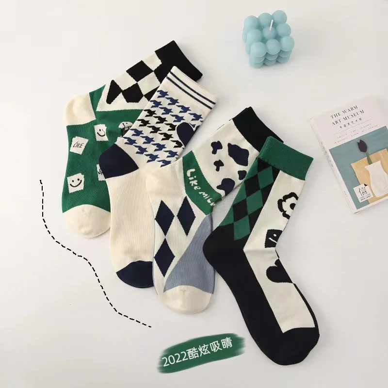 4Pairs/Lot Fashion Green Black Socks For Women Cotton Double Needle Ladies AB Socks with print