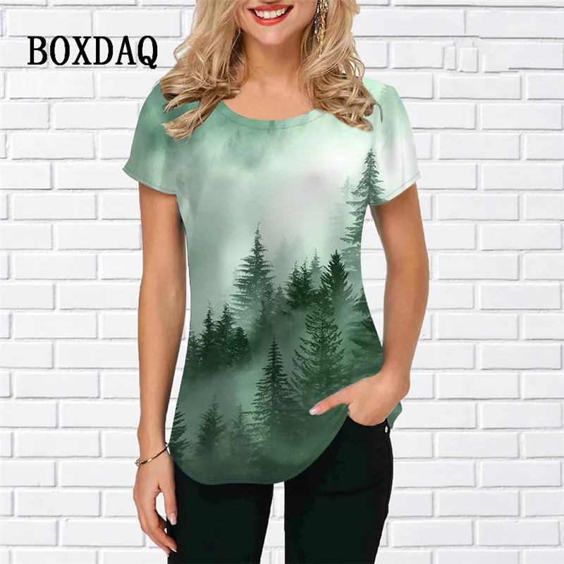 Short Sleeve Forest And Tree Pattern Women Casual T-Shirts Summer 3D Printed Street Tie-dye Ladies T Shirt 3XL Plus Size Tops