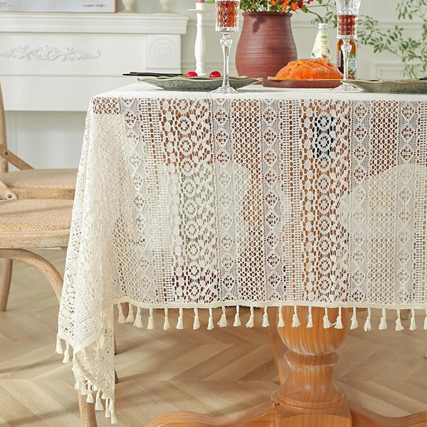 Elegante Tischdecken für die Hochzeit, rustikale Tischdecke, Hochzeit, hohle Spitze, Blume mit Quaste, große Tischdecke, beigefarbener Outdoor-Tisch