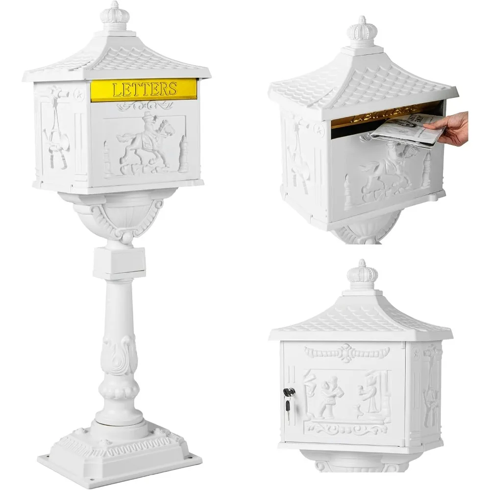 Cast Aluminum Mailbox with Post, Heavy Duty Postal Mail Box w/ Keys & Baffle Door, Expansion Bolts, Address Panel