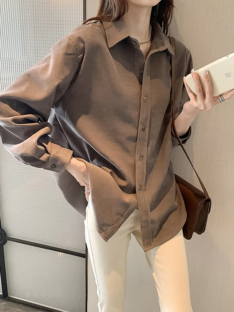

Women's Corduroy Shirt Long Sleeve Base Layer Top Spring Autumn Winter Layering Design Korean Style Commute Pure Color