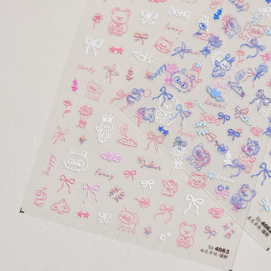 Cartoon Pink & Blue Little Bear Cat Nail Stickers 5D Nail Art Design Decoration Decals DIY Manicure High Quality