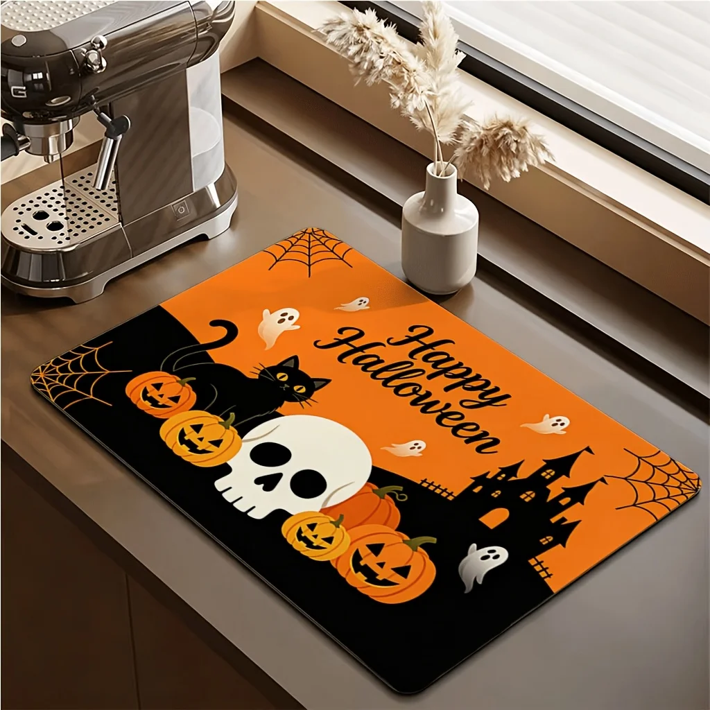 Coffee Bar Mat Trick Or Treat Ghost Pumpkin Tea Mug Station Absorbent Counter Top Waterproof Tableware Drainage Pad
