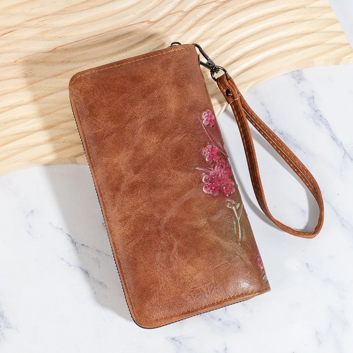 محفظة جلد عتيقة بسحاب معجون شجرة ، مخلب متعدد البطاقات ، حقيبة هاتف محمول ، محفظة بنمط طويل ، جديد