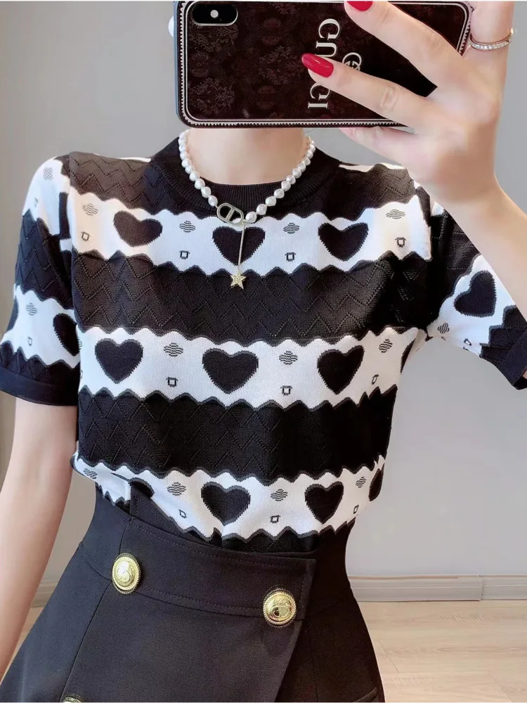 Summer Women Vintage Striped Hearts Knitted T-Shirt Fashion Short Sleeve Hollow Out Slim Fit Thin New Knitwear Tees Tops Mujer