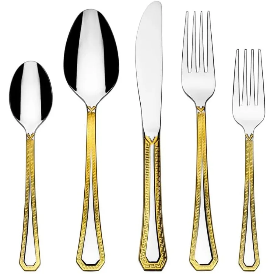 

40-Pieces Cutlery Set - Greek Key Gold Flatware Service for 8, 18/10 Premium Stainless Steel Silverware, 24 Karat Gold-plated
