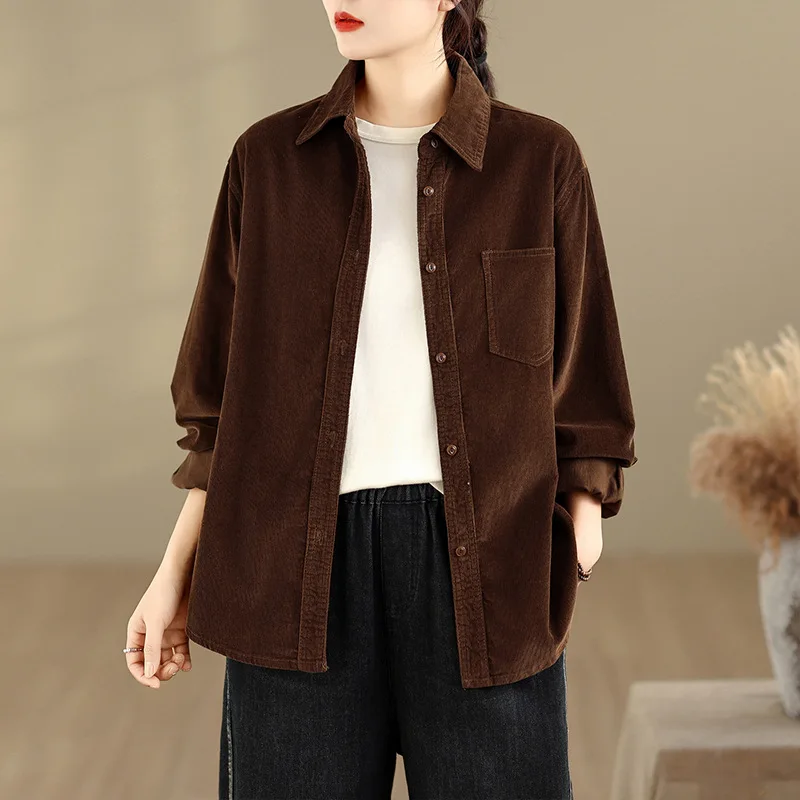 Harajuku Vintage Cooffe Corduroy Button Down Shirt Women Spring Oversized Long Sleeve Casual Top With Chest Pocket Art Preppy