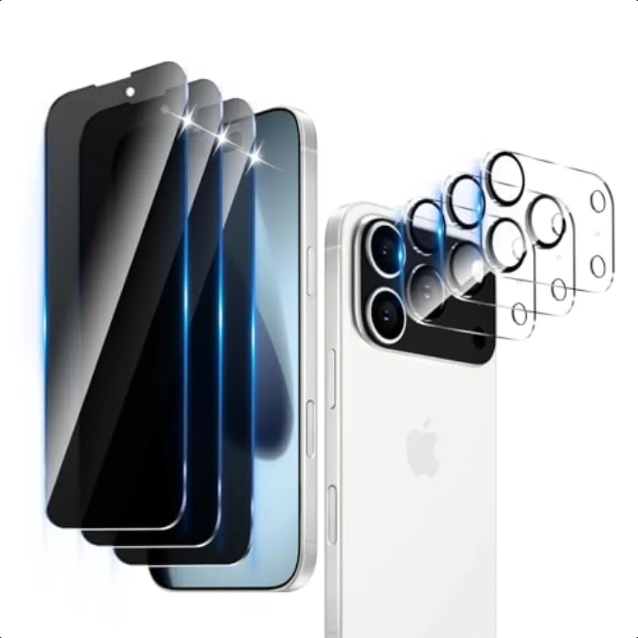 

3 + 3 упаковки защитного экрана для iPhone 17 Pro Max с 3 упаковками защитной пленкой для объектива камеры, полное покрытие, противоскопическое закаленное стекло