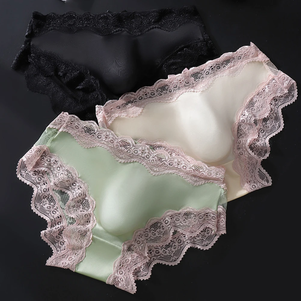 Men's Lace Underwear Ice Silk Briefs Underwear 3D Bulge Pouch High Elastic Breathable Panties Smooth Male Lingerie