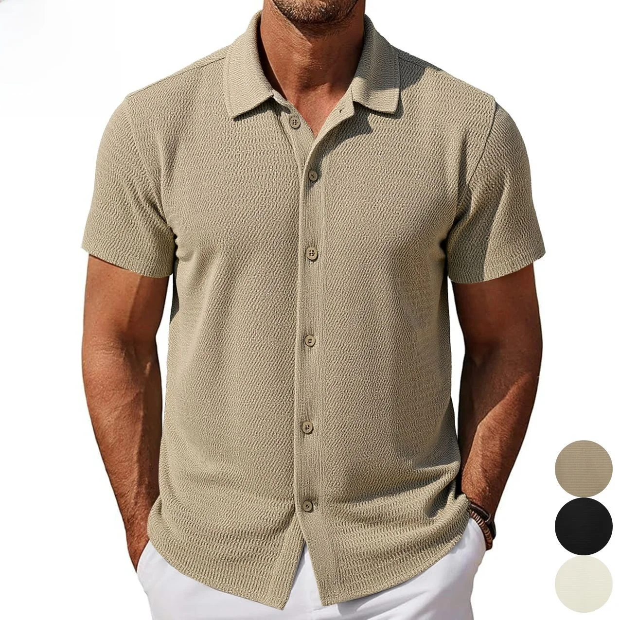 

Men's Short Sleeve Shirt American Style Hollow out Square Collar Casual Loose Fit Polyester Thin Summer Fashion Shirt