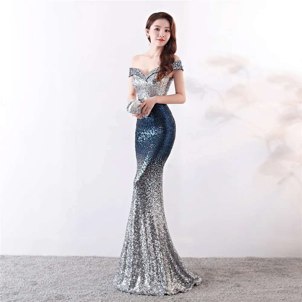 Customized Gradient Sequins Party Evening Dress Women V Neck Off Shoulder  Vintage Mermaid  Sexy Formal Gown