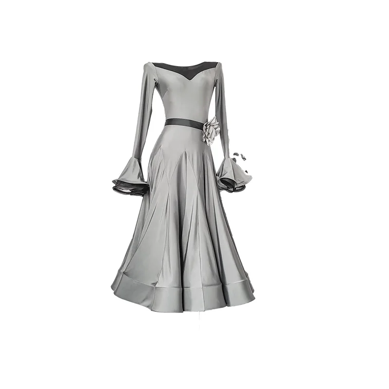 Vestido de vals sin espalda vestido de baile de salón vino estándar rojo negro falda de espina de pescado mangas linterna vestidos de salón competencia