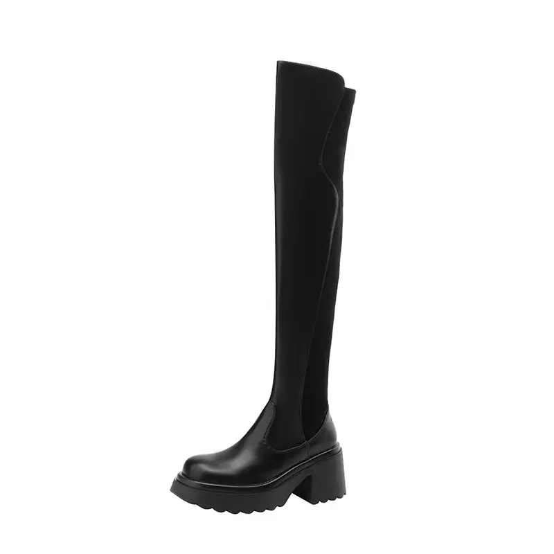 REAVE CAT Stivali da donna alla coscia Punta tonda Tacchi alti 7 cm Piattaforma Splice Stivaletti elasticizzati femminili Taglia 42 43 Scarpe da